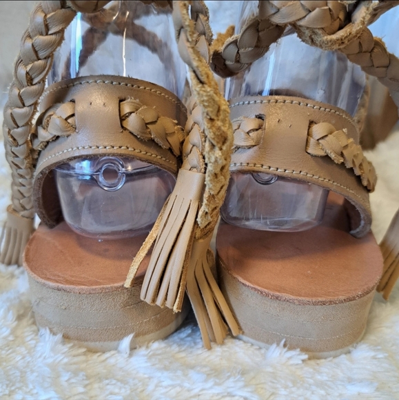 Espiritu Woven Leather Huarache Sandals Tan Ankle Tie Platform Carly Jean Size 8 - Picture 9 of 13